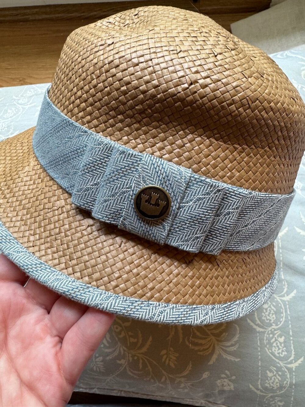 Goorin Bros Straw Fedora Hat NWT Medium Tan Blue Herringbone Band